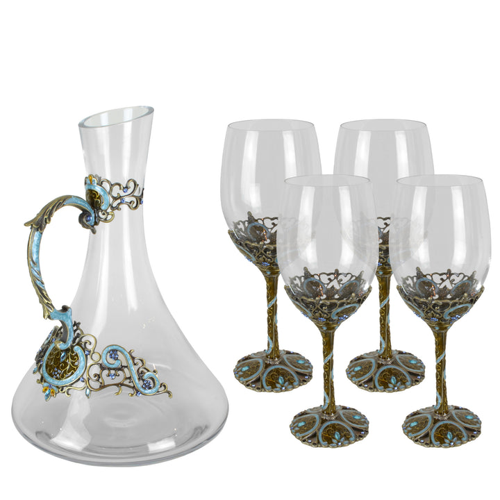 Aquamarine Wine Set - Glassware set. Set includes 1x Carafe and 4x Wine Glasses. Bronze and Aquamarine colour. Intricate metal and natural stone detail. Lacquer and Swarovski coloured crystals.  Materials: High Grade Glass, Bronze, Swarovski crystals, Lac