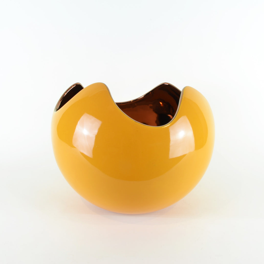 Egg Sphere - Mustard & Copper - Ceramic Vase / Bowl. Versatile design to be used as a vase or bowl. Modern style Decorative object. Organic shaped vase. Cracked egg-shaped bowl. Glossy polished finish. Available in 8 colour combinations. Bowl interior col