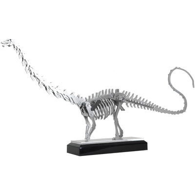 Mini Apatosaurus - View 1 - Decorative Object / Sculpture. Silver Colour. Dinosaur Sculpture. Apatosaurus dinosaur skeleton ornament. Industrial chic style dinosaur object. Materials: Brushed Stainless steel. Acrylic base. Jurassic Park theme home accesso