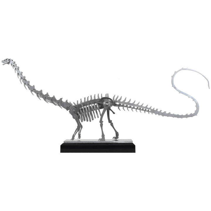 Mini Apatosaurus - View 2 - Decorative Object / Sculpture. Silver Colour. Dinosaur Sculpture. Apatosaurus dinosaur skeleton ornament. Industrial chic style dinosaur object. Materials: Brushed Stainless steel. Acrylic base. Jurassic Park theme home accesso