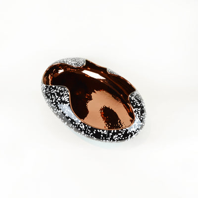 Egg Bowl Black Marble & Copper - Ceramic Bowl. Modern style Decorative object. Organic shaped bowl. Cracked egg-shaped bowl. Glossy polished finish. Available in 5 colour combinations. Bowl interior colour options are Copper or Gold. Bowl outside colour o