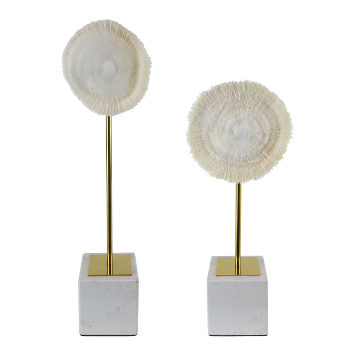 Coral Burst - Set - Decorative Object / Sculpture. Ivory Colour. Faux Coral home decor. Marble base. Materials: Sandstone, Carrara Marble, Nickel Plated Steel. Available in two sizes: Short, Tall. Short dimensions: W13 D8 H33cm. Tall dimensions: W13 D8 H4