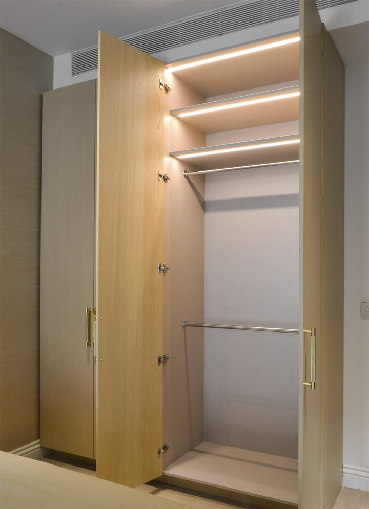 Double Hanging Fitted Wardrobe - Wardrobe Interior - Bespoke built-in wardrobe design. Fitted Wardrobe. Design, manufacture and installation service. Wardrobe door made from Oak veneered MDF. Wardrobe interior made from MFC in linen texture finish. Wardro