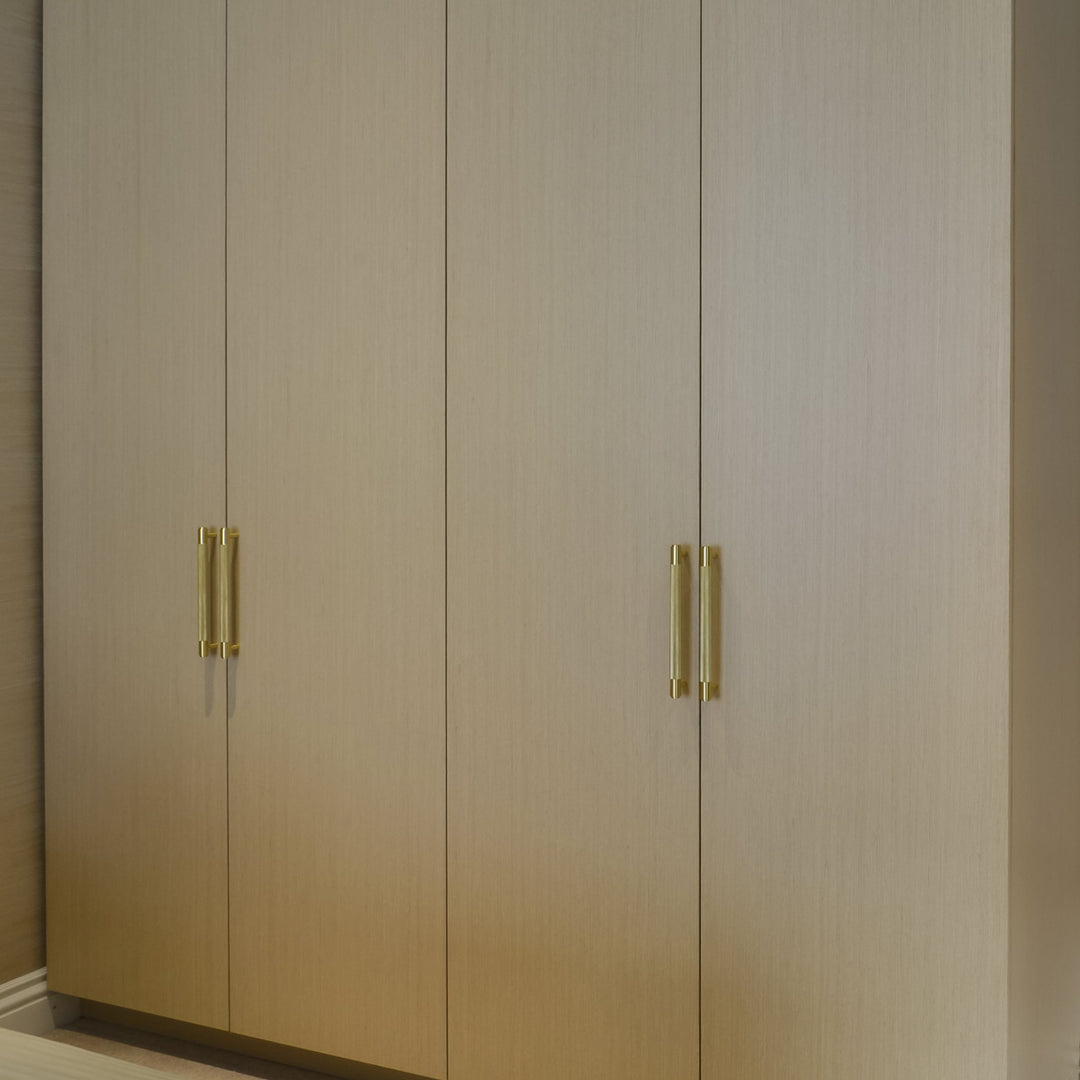 Double Hanging Fitted Wardrobe - View 1 - Bespoke built-in wardrobe design. Fitted Wardrobe. Design, manufacture and installation service. Wardrobe door made from Oak veneered MDF. Wardrobe interior made from MFC in linen texture finish. Wardrobe interior
