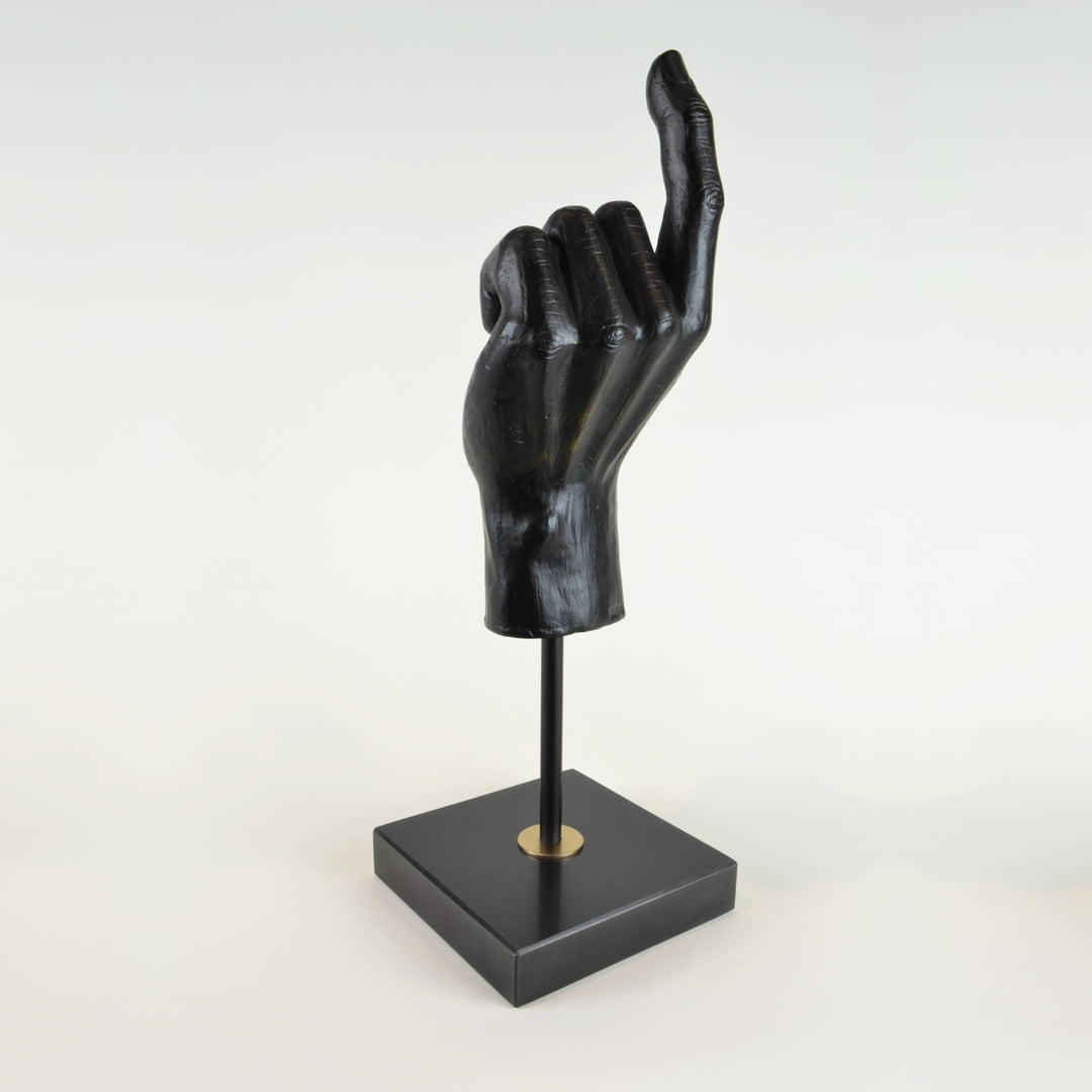 Hand Sculpture - View 4 - Decorative Object / Sculpture. Black Colour. Hand shape Sculpture. Hand made from black zinc. Black marble base. Materials: Zinc, Marble. Dimensions: W14 D14 H42cm. Masculine home accessories. Home office and library decoration. 