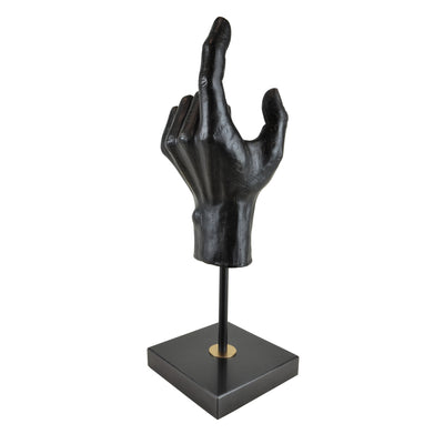 Hand Sculpture - View 1 - Decorative Object / Sculpture. Black Colour. Hand shape Sculpture. Hand made from black zinc. Black marble base. Materials: Zinc, Marble. Dimensions: W14 D14 H42cm. Masculine home accessories. Home office and library decoration. 