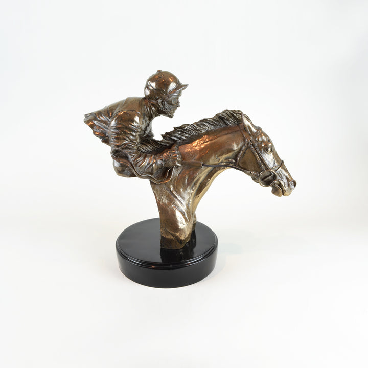 Jockey Head Sculpture - View 2 - Decorative Object / Sculpture. Bronze Colour. Jockey and Horse Figurine Sculpture. Materials: Copper plated resin. Horse theme home accessories. Royal Ascot theme home decor. Jockey Sculpture. Ideal gift for jockey clubs a
