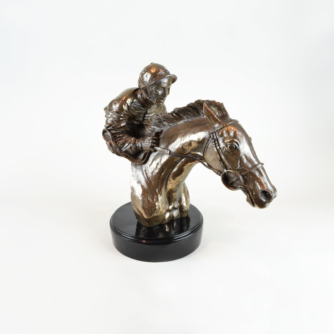 Jockey Head Sculpture - View 3 - Decorative Object / Sculpture. Bronze Colour. Jockey and Horse Figurine Sculpture. Materials: Copper plated resin. Horse theme home accessories. Royal Ascot theme home decor. Jockey Sculpture. Ideal gift for jockey clubs a