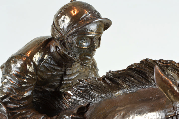 Jockey Head Sculpture - Detail - Decorative Object / Sculpture. Bronze Colour. Jockey and Horse Figurine Sculpture. Materials: Copper plated resin. Horse theme home accessories. Royal Ascot theme home decor. Jockey Sculpture. Ideal gift for jockey clubs a