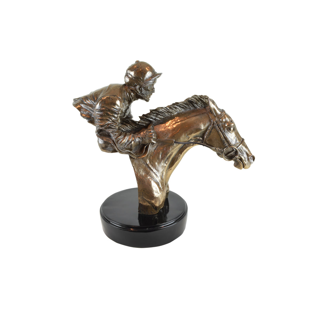Jockey Head Sculpture - View 1 - Decorative Object / Sculpture. Bronze Colour. Jockey and Horse Figurine Sculpture. Materials: Copper plated resin. Horse theme home accessories. Royal Ascot theme home decor. Jockey Sculpture. Ideal gift for jockey clubs a