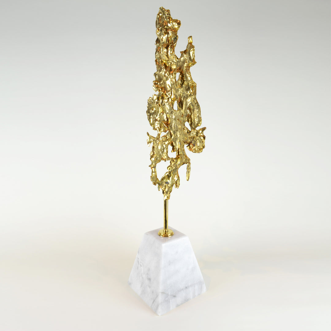 Molten Brass Leaf - View 3 - Brass Sculpture. Abstract style large decorative object. Gold colour. Calacatta marble base. Materials: Brass, Marble Centrepiece home decor. A luxurious sculpture to be the focal point in any interior. Top interior design tre