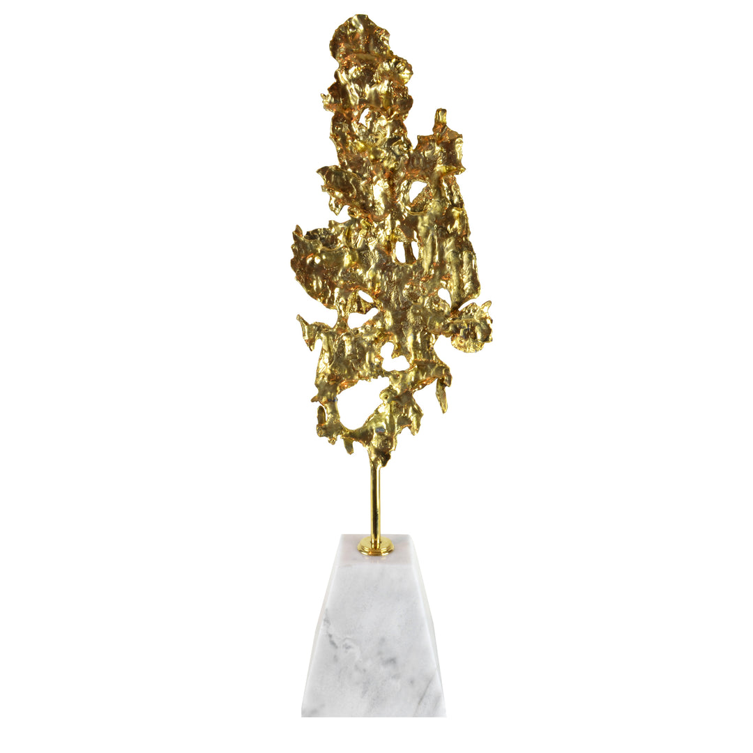 Molten Brass Leaf - View 1 - Brass Sculpture. Abstract style large decorative object. Gold colour. Calacatta marble base. Materials: Brass, Marble Centrepiece home decor. A luxurious sculpture to be the focal point in any interior. Top interior design tre