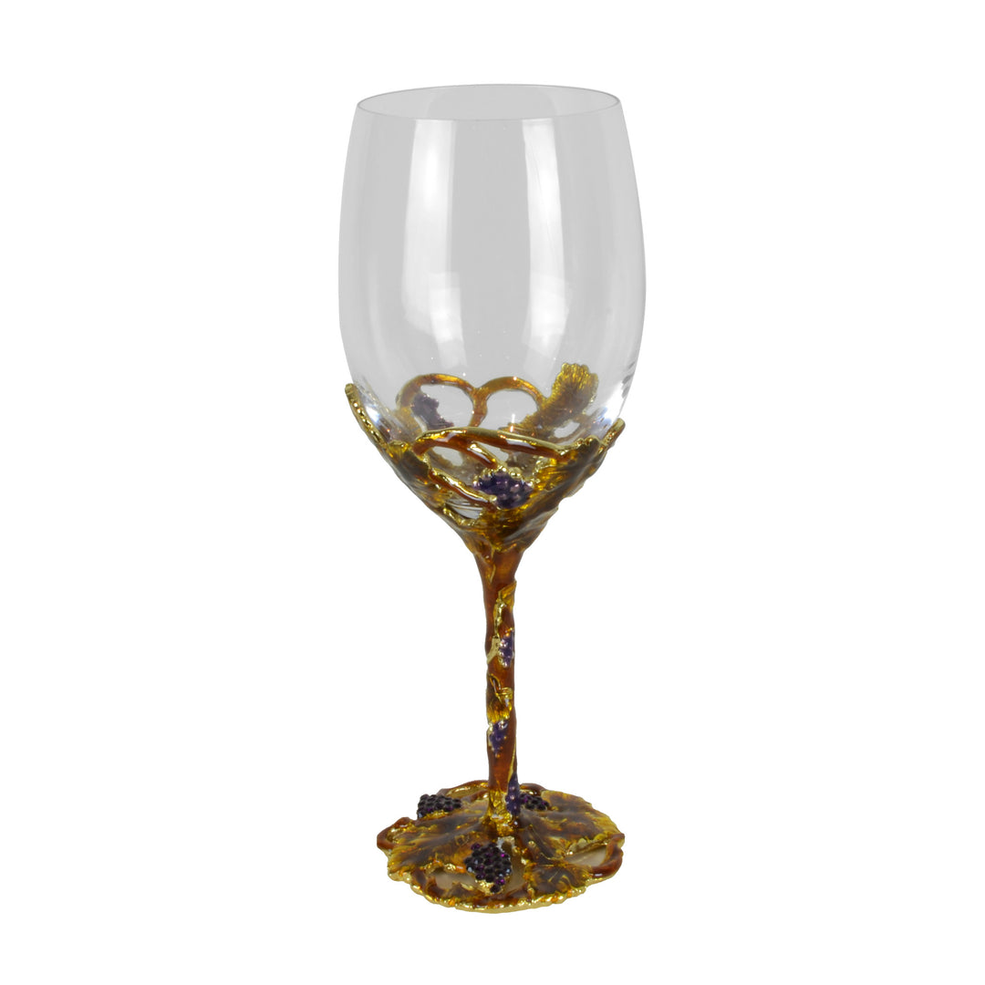 Amber Wine Glass - Glassware set. Set includes 1x Carafe and 4x Wine Glasses. Gold and Amber colour. Intricate metal and natural stone vine leaves detail. Natural Amber material and Swarovski coloured crystals.  Materials: High Grade Glass, Brass, Amber, 