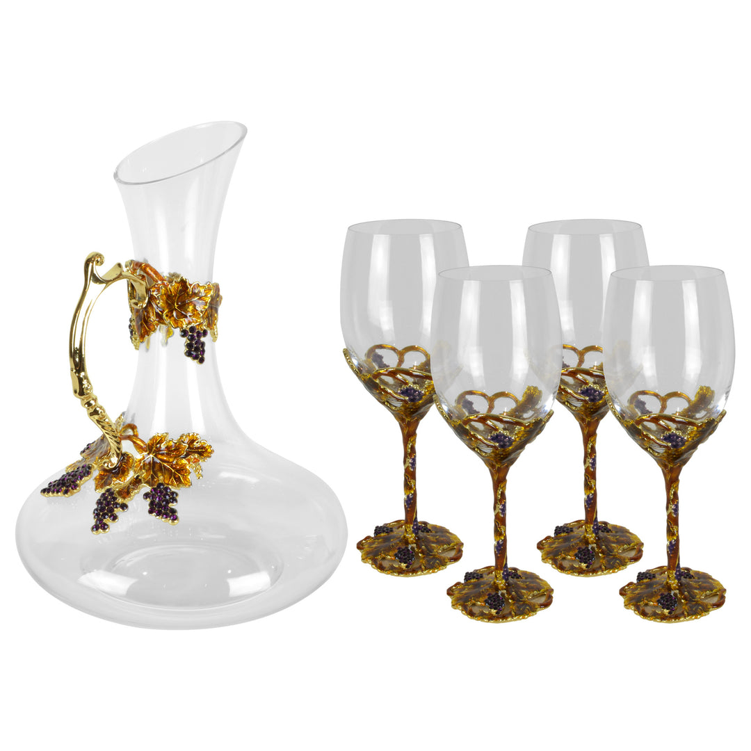 Amber Wine Set - Glassware set. Set includes 1x Carafe and 4x Wine Glasses. Gold and Amber colour. Intricate metal and natural stone vine leaves detail. Natural Amber material and Swarovski coloured crystals.  Materials: High Grade Glass, Brass, Amber, La