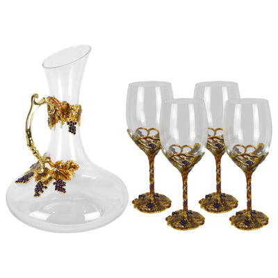 Amber Wine Set - Glassware set. Set includes 1x Carafe and 4x Wine Glasses. Gold and Amber colour. Intricate metal and natural stone vine leaves detail. Natural Amber material and Swarovski coloured crystals.  Materials: High Grade Glass, Brass, Amber, La
