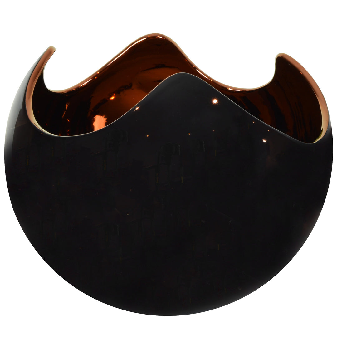 Egg Sphere - Black & Copper - Ceramic Vase / Bowl. Versatile design to be used as a vase or bowl. Modern style Decorative object. Organic shaped vase. Cracked egg-shaped bowl. Glossy polished finish. Available in 8 colour combinations. Bowl interior colou