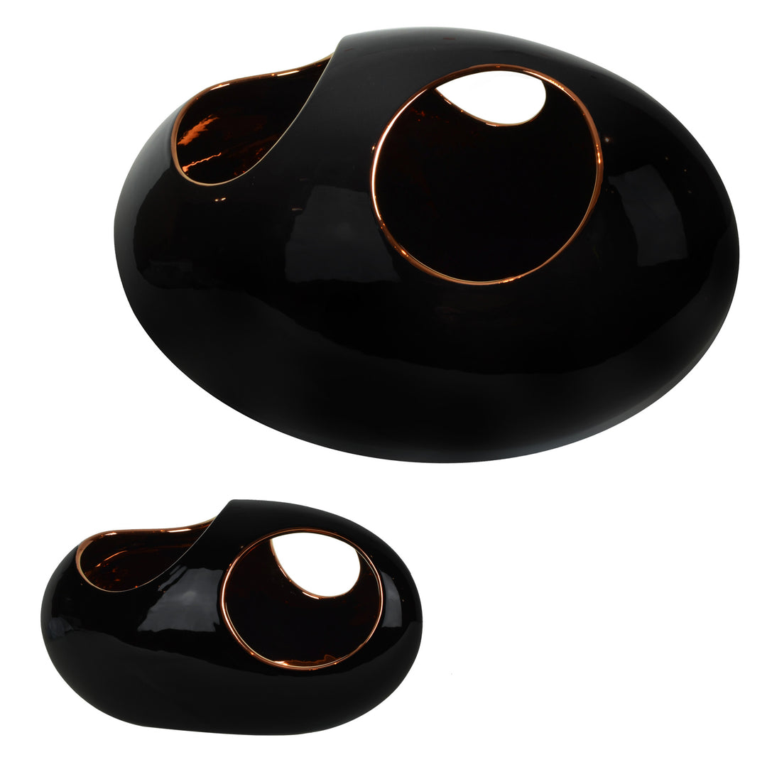 Pebble Long Vase - Black & Copper - Set - Ceramic vase. Modern style Decorative object. Organic shaped vase. Pebble shaped vase. Glossy polished finish. Black exterior and copper interior colours. Materials: Ceramic. Handmade Italian ceramics. Contemporary homeware design.  Designer vase for styling coffee tables, dining tables, sideboards and console tables. Modern design ceramic home accessories that will add a luxurious touch to interiors. Pebble vases are suitable for flower arrangements.