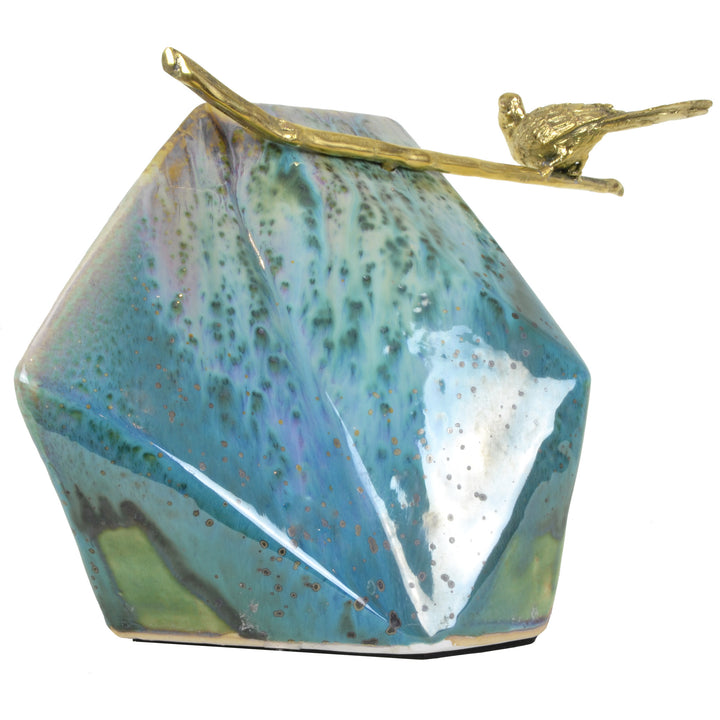 Bird on Large Rock - Teal View 1 - Brass Sculpture / Decorative Object. Bird sculptural detail. Gold Bird Colour. Ceramic rock shaped base in two colourways: Teal and Brown. Materials: Brass, Ceramic. Dimensions: W34 D24 H27cm. Bird and nature theme home 