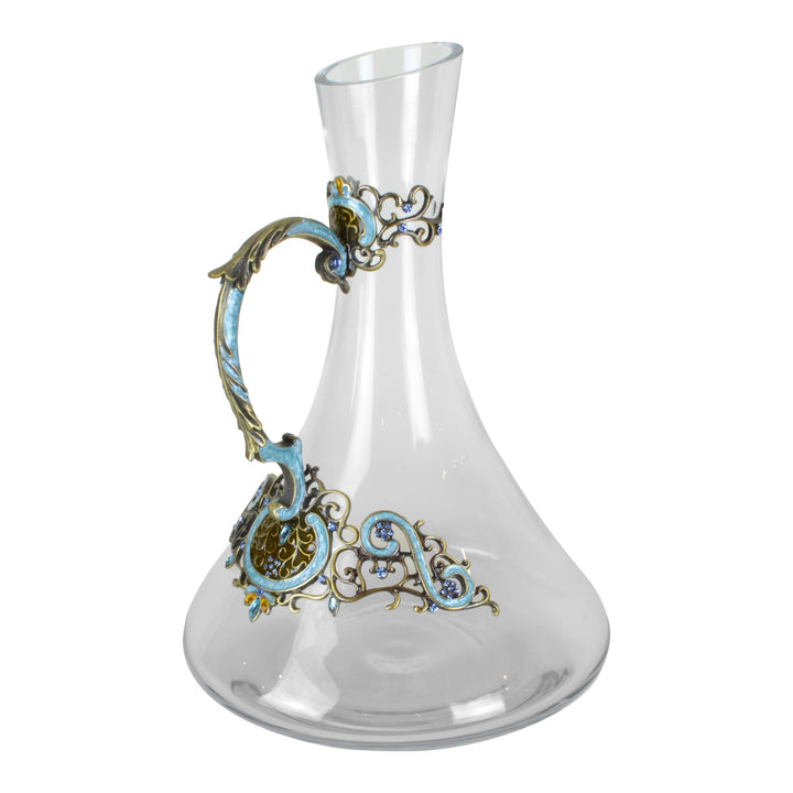 Aquamarine Wine Carafe - Glassware set. Set includes 1x Carafe and 4x Wine Glasses. Bronze and Aquamarine colour. Intricate metal and natural stone detail. Lacquer and Swarovski coloured crystals.  Materials: High Grade Glass, Bronze, Swarovski crystals, 