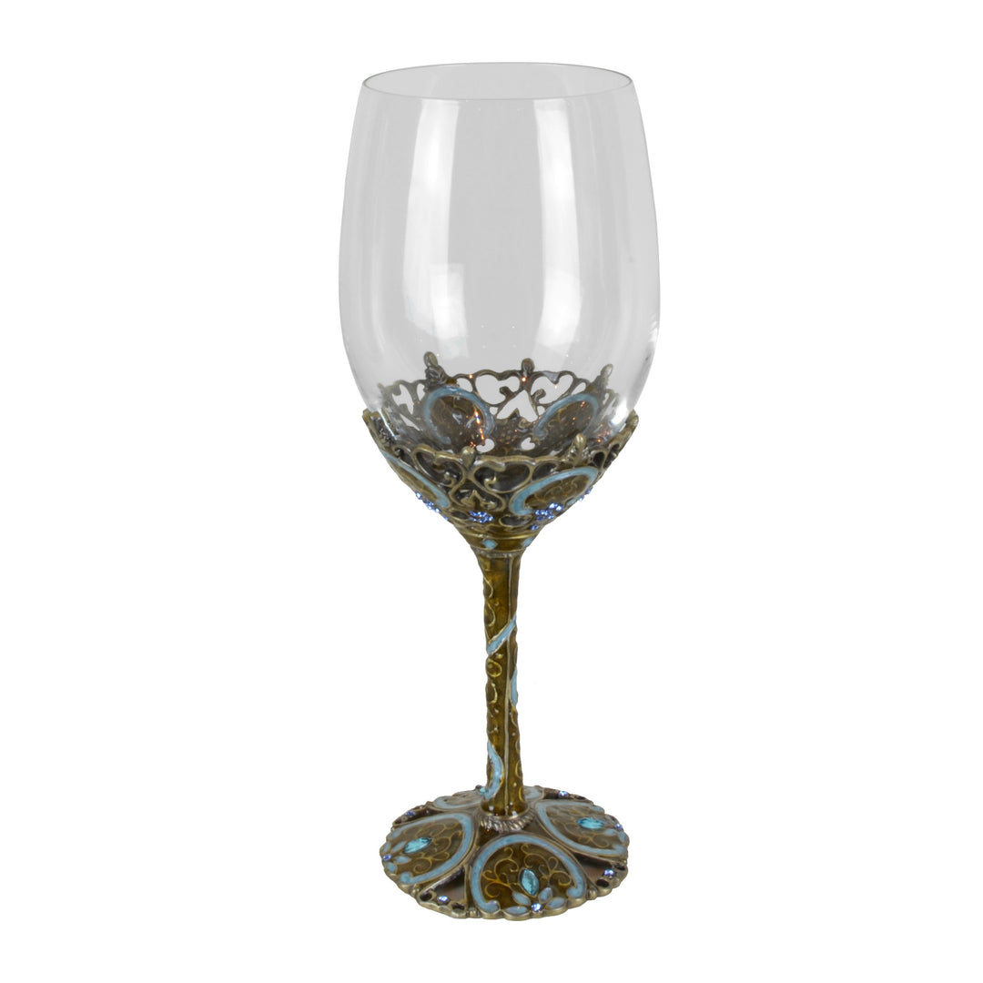 Aquamarine Wine Glass - Glassware set. Set includes 1x Carafe and 4x Wine Glasses. Bronze and Aquamarine colour. Intricate metal and natural stone detail. Lacquer and Swarovski coloured crystals.  Materials: High Grade Glass, Bronze, Swarovski crystals, L