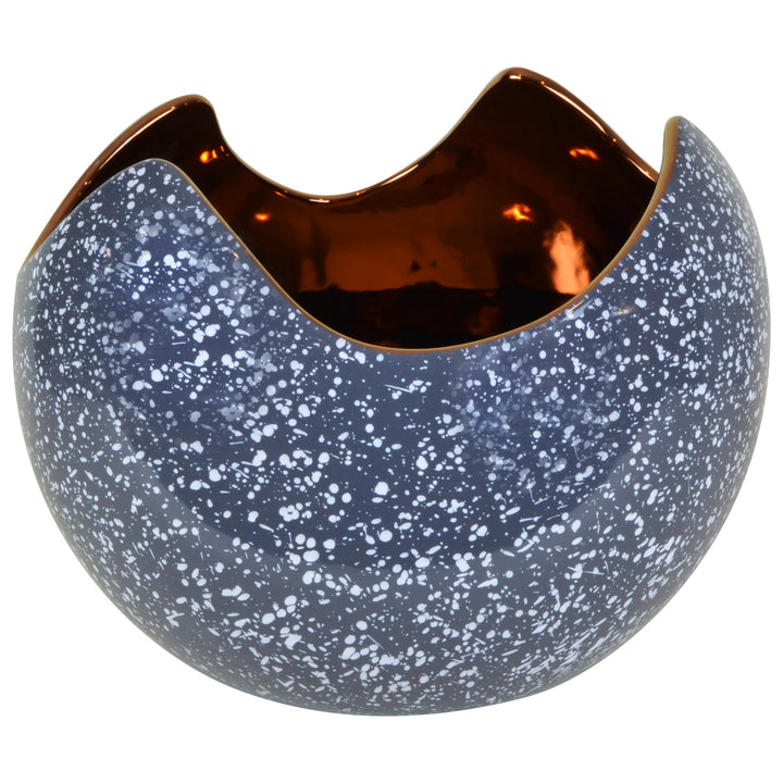Egg Sphere - Grey Marble & Copper - Ceramic Vase / Bowl. Versatile design to be used as a vase or bowl. Modern style Decorative object. Organic shaped vase. Cracked egg-shaped bowl. Glossy polished finish. Available in 8 colour combinations. Bowl interior