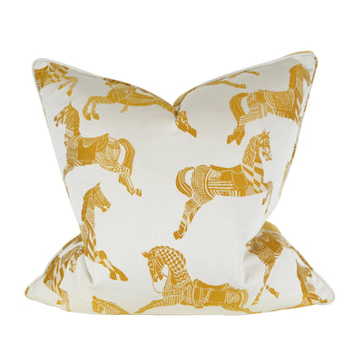Horse Jacquard Cushion - Front - Scatter Cushion. Off-white and mustard colours. 2 different fabrics on front and back. Front side is Designer Hermès fabric featuring the iconic Hermès horses embroidery. Back side is luxurious Mustard ultra soft cotton ve