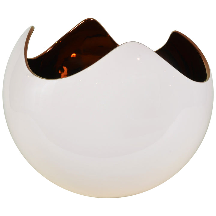 Egg Sphere - Ivory & Copper - Ceramic Vase / Bowl. Versatile design to be used as a vase or bowl. Modern style Decorative object. Organic shaped vase. Cracked egg-shaped bowl. Glossy polished finish. Available in 8 colour combinations. Bowl interior colou