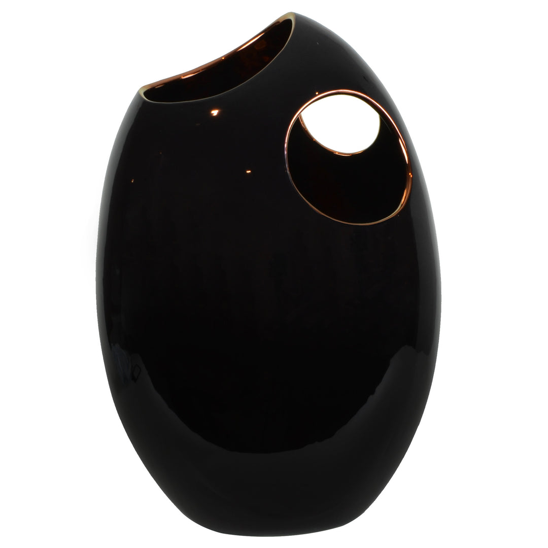 Pebble Vase - Black and Copper- Ceramic Vase. Modern style Decorative object. Organic shaped vase. Pebble shaped vase. Glossy polished finish. Available in 5 colour combinations. Vase interior colour options are Copper or Gold. Vase outside colour options